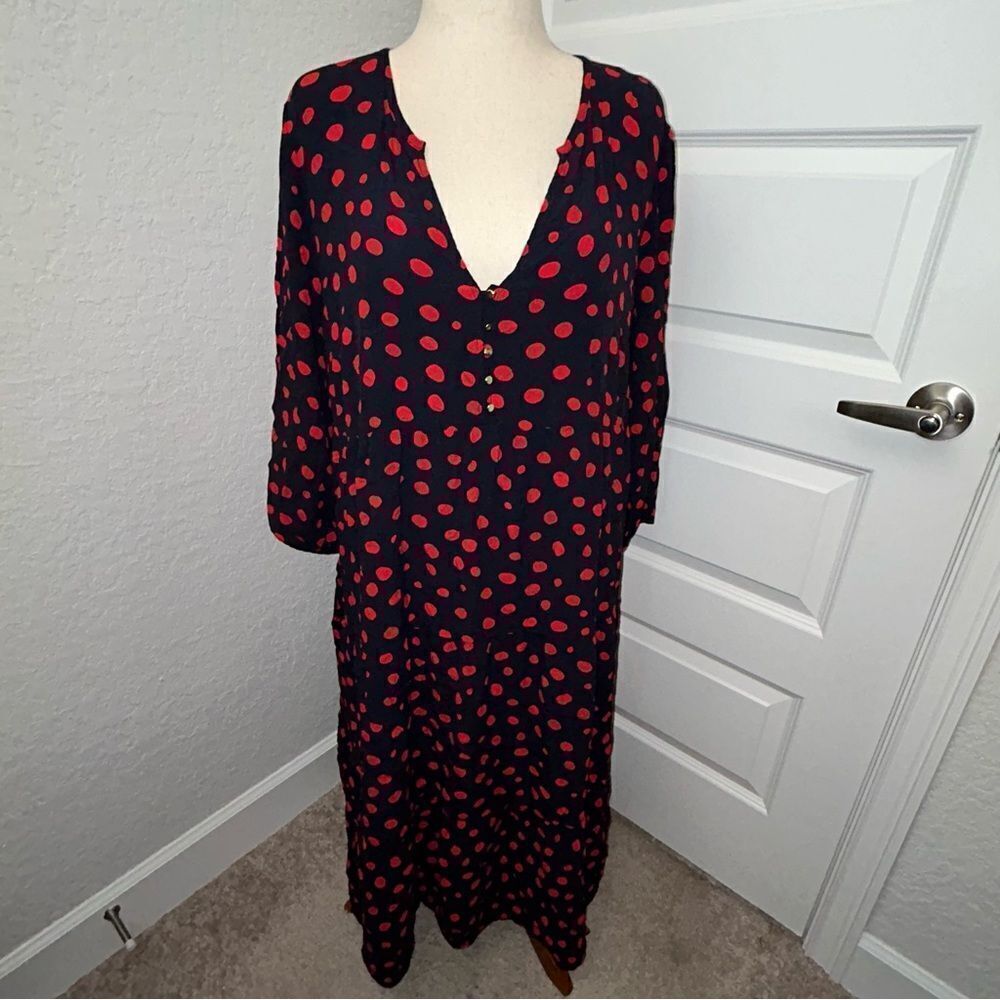LOFT Polka Dot Print Long Sleeve 1/4 Button Down Ruffle Tier Maxi Dress